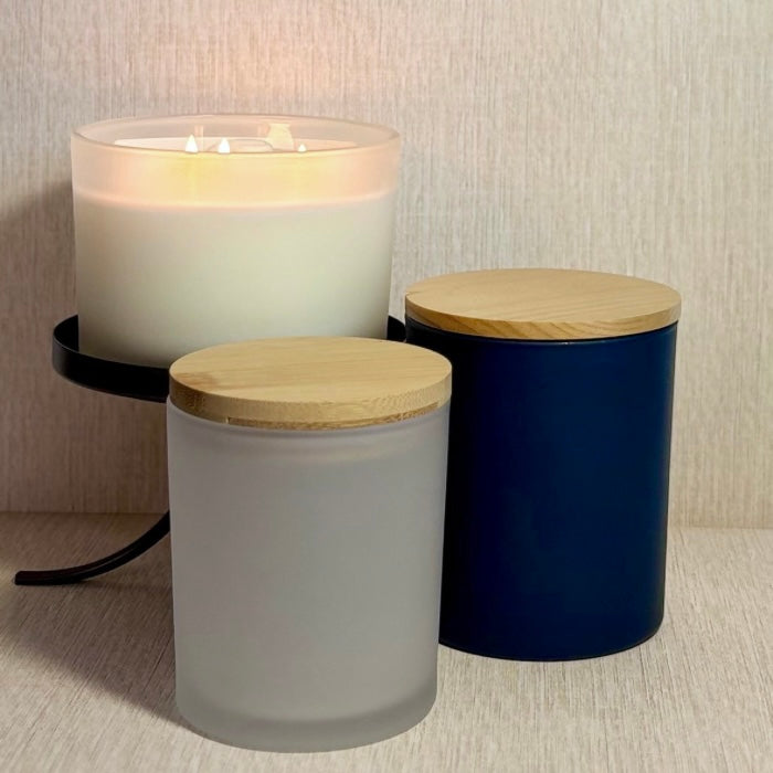Three variants of candle sizes, 8oz,12oz and 3 wick size. Frosted glass and midnight blue glass shown