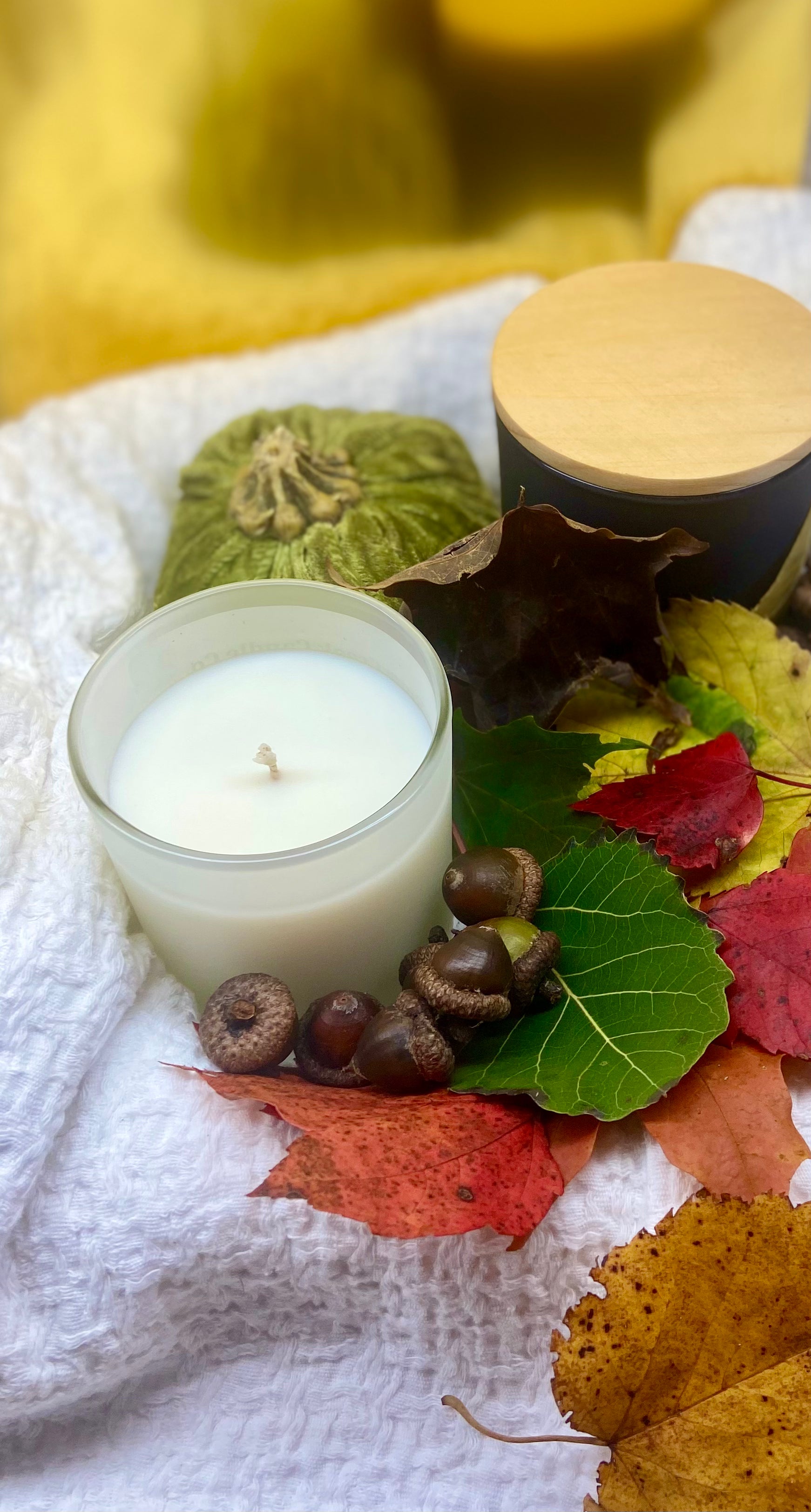 Autumn Leaves Soy Wax Candle - 8oz and 12 oz candle shown surrounded by fall leaves