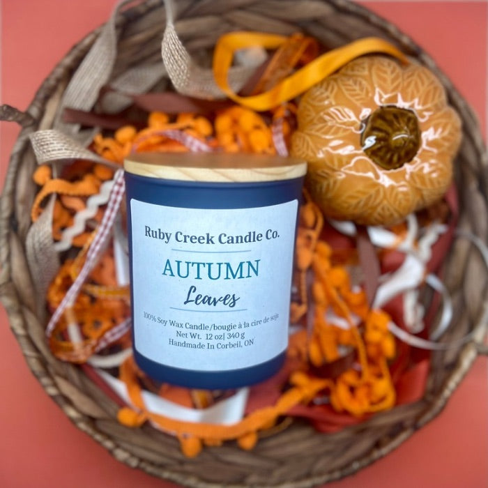 Autumn Leaves Soy Wax Candle - 12oz midnight blue candle with a autumn scene