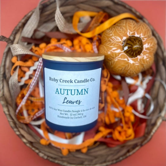Autumn Leaves Soy Wax Candle - 12oz midnight blue candle with a autumn scene