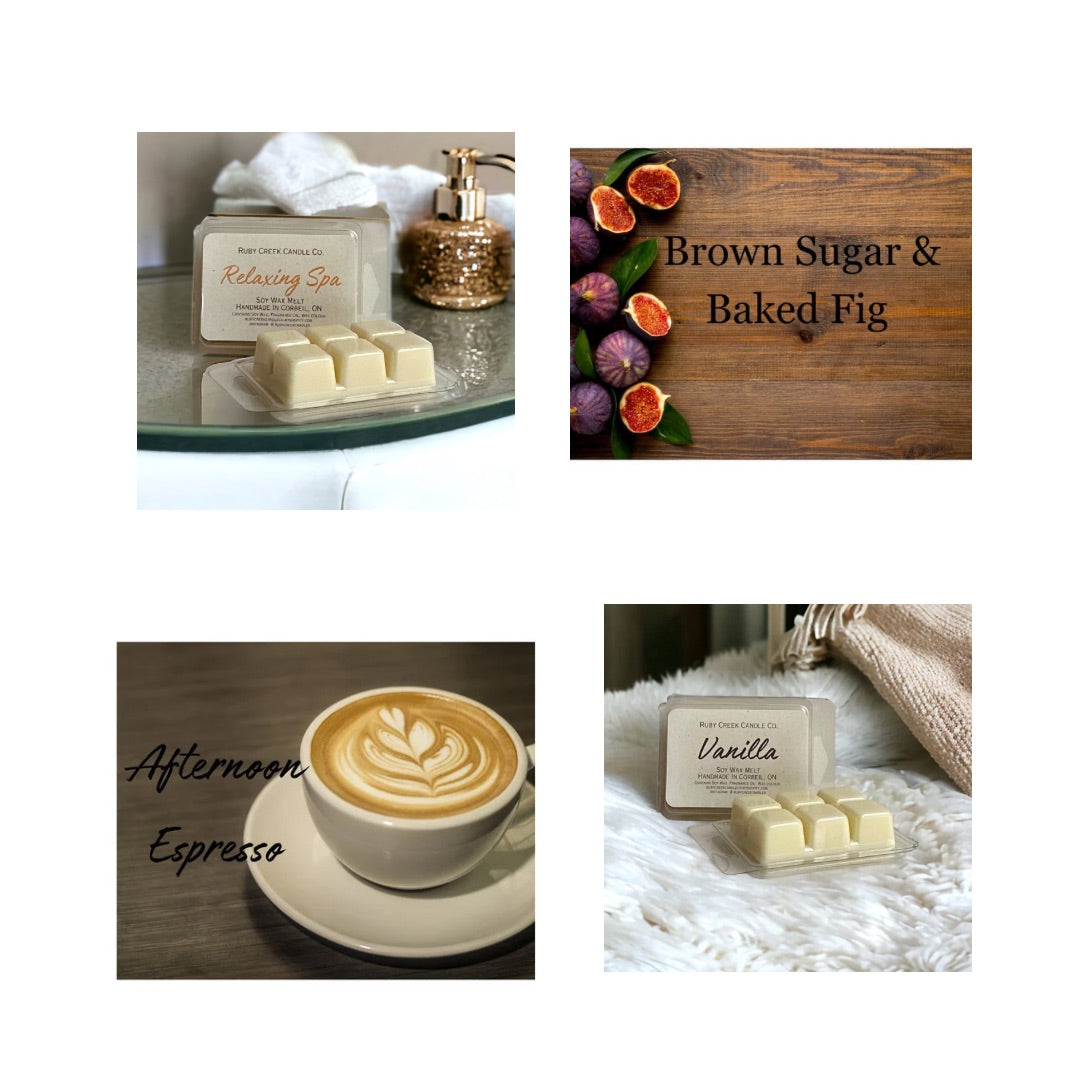 4 wax metl containers labelled relaxing spa, brown sugar & baked fig, afternoon espresso, vanilla